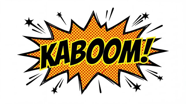 A dynamic comic book style speech bubble with the word kaboom written in bold black block letters