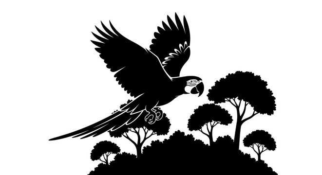 Black Silhouette Parrot Flying Trees.