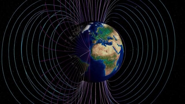 Earth magnetic field lines around planet, geomagnetic protection visualization in outer space, global magnetosphere simulation, scientific planetary radiation shield concept, rotating world physics an