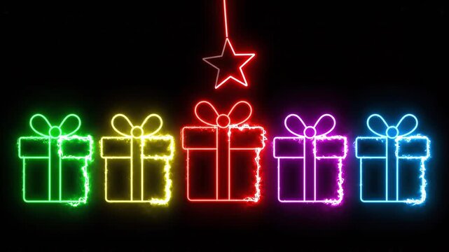 Colorful neon gift boxes arranged in a row beneath a glowing star, in vibrant red, yellow, green, purple, and blue hues against a dark background