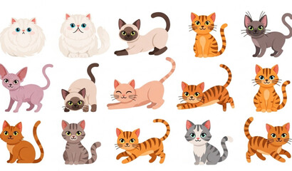 Fototapeta premium Cute cartoon cat breeds vector set with Persian Siamese Sphynx Bengal and tabby in playful poses
