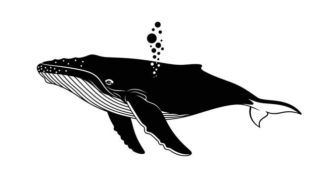 Black whale swimming in water.