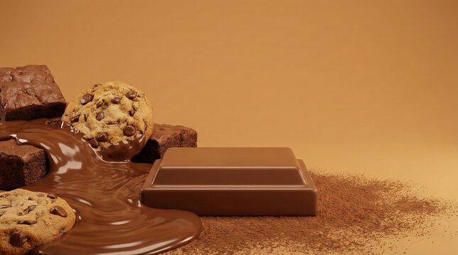 Chocolate cookies brownies and melted chocolate on brown background