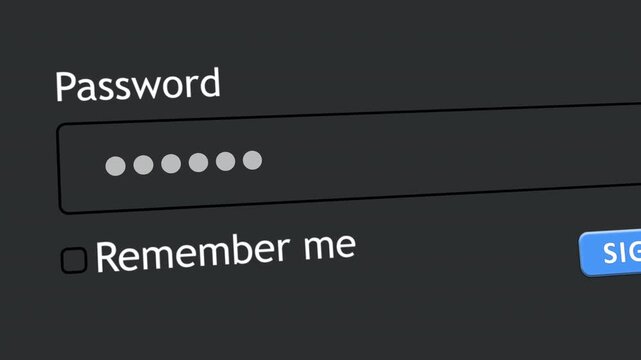 A user types a password into a form box on a website. The screen is gray, showing the password field and a remember me option.