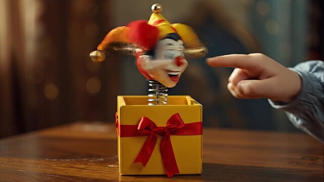 A cheerful jester puppet with colorful hat and exaggerated facial features sits inside a gift box with a red ribbon, on a wooden table