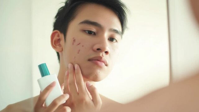 Young man applying acne treatment cream on face, skincare routine close up in bathroom mirror, male beauty grooming, facial blemish care, dermatology cosmetic lotion, healthy skin treatment concept 4k