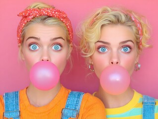 Nostalgia and retro style with two young women blowing bubble gum A playful and fun moment highlighting youthful energy and millennial culture The friends share a joyful experience.