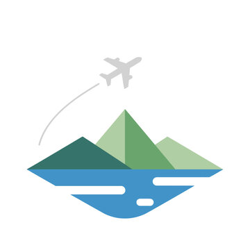 Airplane flying over mountain landscape.