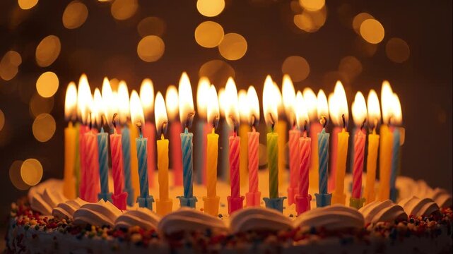 A vibrant birthday cake decorated with colorful candles lit, surrounded by festive lights and sprinkles, celebrating joy