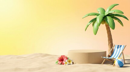 Obraz premium 3D Rendered Beach Scene with Palm Tree and Podium on Sand