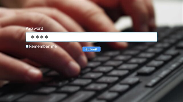 User enters password into a website form and clicks the submit button on a computer interface. The action shows how to sign in safely.