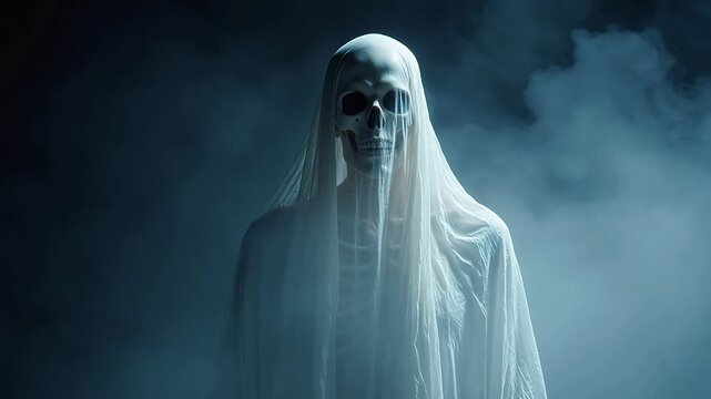 Skull figure draped in white cloth