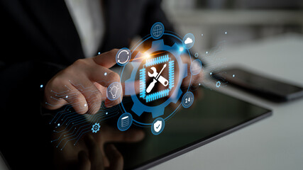 Obraz na płótnie Canvas Global IT support and technical maintenance services. Providing solutions for system maintenance, ensuring business continuity with reliable 24 7 IT support. Motif