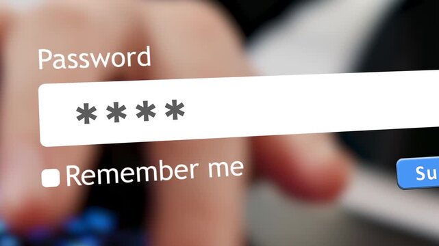 A user enters a password into a form box in an internet browser while preparing to sign in to a website. The background shows hands typing on keys.