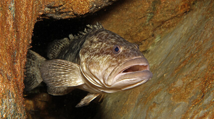 Obraz premium Fish hiding in a rusted metal crevice underwater