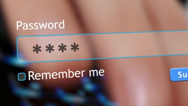 User enters a password in a browser form box while typing on a keyboard. The screen shows options to remember the user and submit the login.