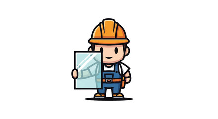 Obraz premium Cartoon construction worker holding glass panel on white background
