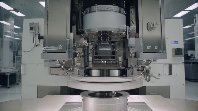 Advanced lithography machine operating in a cleanroom environment, processing silicon wafers for integrated circuit production during a high technology industrial manufacturing process