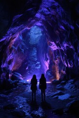 Fototapeta premium Exploration and discovery with two people standing in a glowing cave with purple and blue lights.