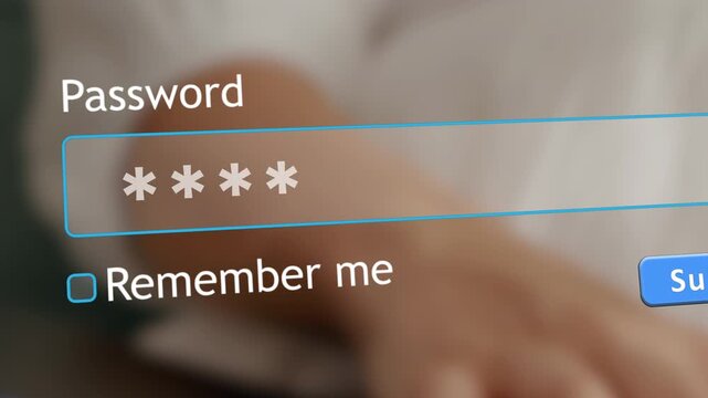 A user enters their password in a website form box while a pregnant woman types on keys in the background. The scene captures a moment of online activity.