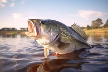 Fototapeta premium Largemouth bass jumping out of the water with its mouth open on a sunny day