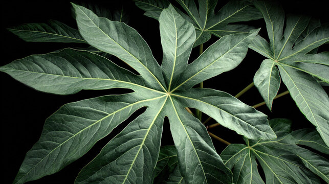 Close-up of textured green leaves against a dark background