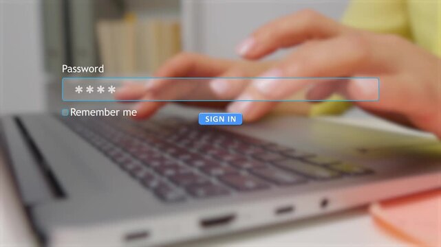 A woman types on a computer and enters her password in a website sign-in form. She shows the process of logging into an online account on her device.
