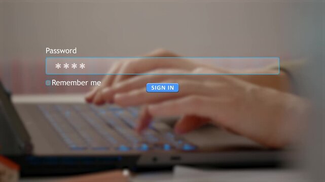 A person types their password into a form box on a computer screen. The focus is on the fingers moving over the keys as they login to a personal account.