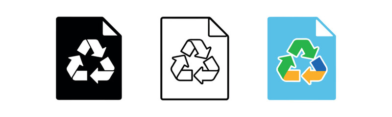 Obraz premium Three document icons showing a recycle symbol in solid black, outline, and colorful versions.