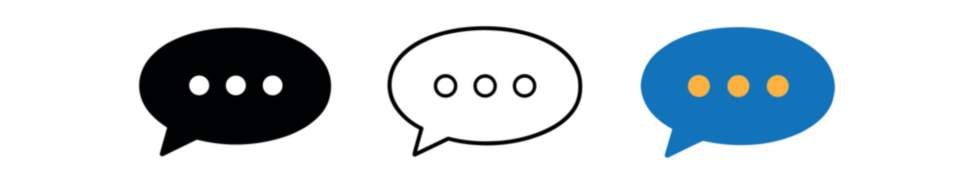 Three speech bubble icons with an ellipsis inside displayed in solid black, outline, and colored versions.