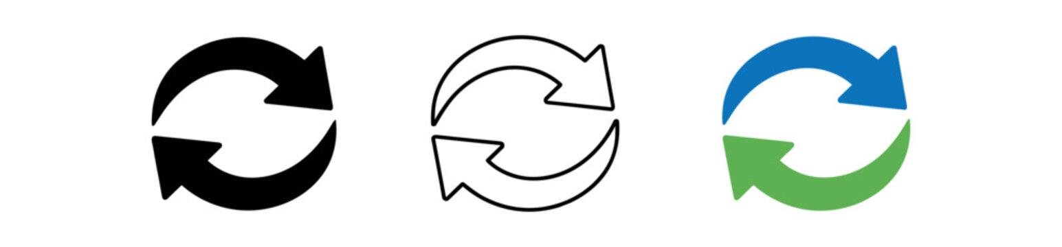 Three circular refresh icons shown as solid, outline, and two-color versions representing a reload or sync action.