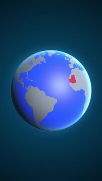 The animation shows a graphic representation of the earth and highlights the location and map of Mauritania colored red in vertical format.