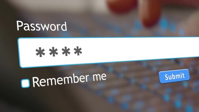A person is typing a password into a form box on a computer. The background shows fingers moving on a keyboard as the user prepares to log in.