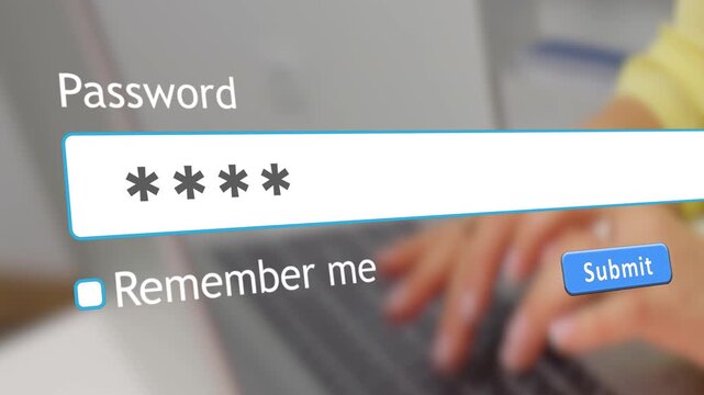 User types a password into a form box on a website through an internet browser while a hand is seen typing on a keyboard. The submit button is ready.