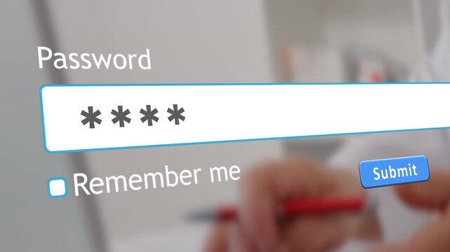 User types password in a login form on a computer screen while a hacker attempts to access personal accounts. Watching the typing action closely reveals the focus.