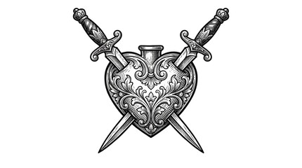 Fototapeta premium Close-up view of a gothic heart pierced by crossed daggers, black-white illustration showcasing dramatic intensity on a stark white canvas