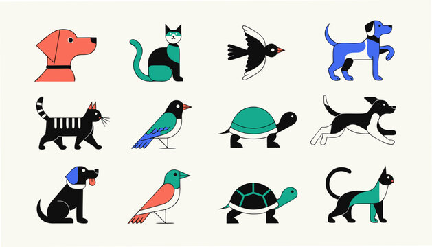 Minimalist Vector Icon Set of Common Household Pets