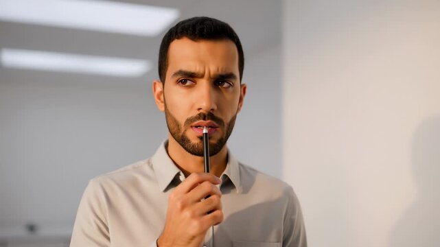 Thoughtful Man Holding Pencil to Lips in Office, Pondering a Decision