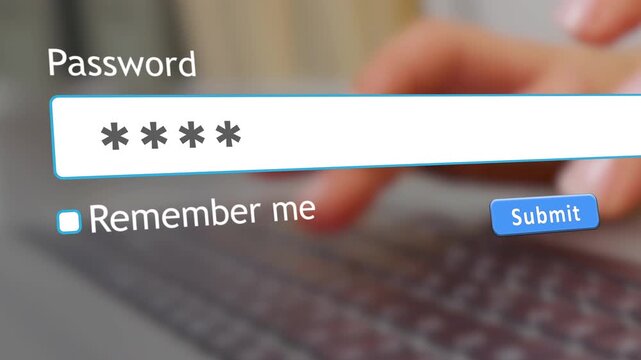 A user inputs their password into a website form box while a hacker looks at the actions on a computer screen. The activity shows threats to personal security online.