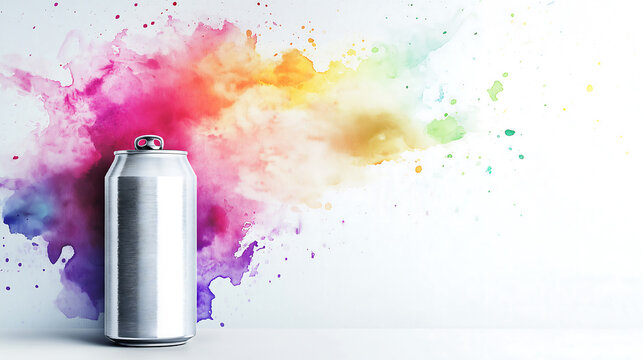 Soda drink can with rainbow colors on white background, space for text 
