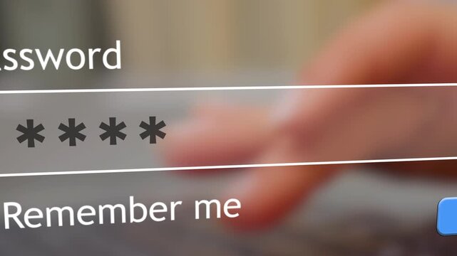 User enters a password into a website form while a hacker watches from a distance. The hands on the keyboard focus on the signin process.