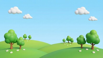 Fototapeta premium 3D cartoon landscape with green hills trees and white clouds