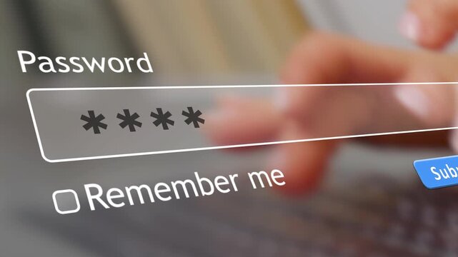 A person types a password into a form in an internet browser. The background shows fingers moving over a keyboard. The cursor hovers over the submit button.