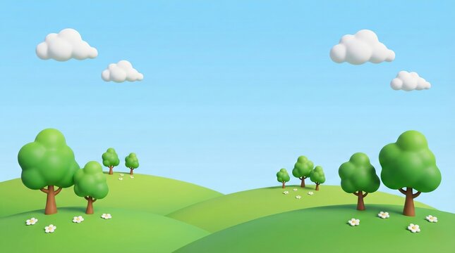 3D cartoon landscape with green hills trees and white clouds