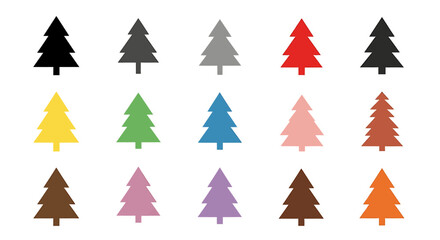 Obraz premium A collection of colorful stylized Christmas tree icons and symbols in various hues arranged on a white background, perfect for holiday designs.