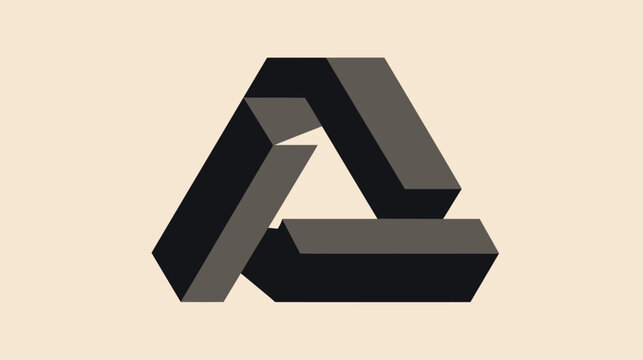 Abstract geometric impossible triangle illustration, a captivating optical illusion in dark grey on a beige background, modern graphic design element.