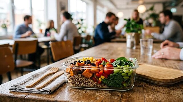 Green office culture quinoa bowl with roasted sweet potato black bean corn cherry tomato spinach edamame glass meal prep container smiling lunch bowl