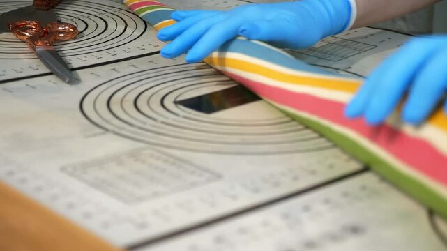 A close-up of a professional chef wearing gloves stretches a soft, multi-colored candy. He makes lollipops with a pattern inside. The craft confectionery is used to create lollipops.