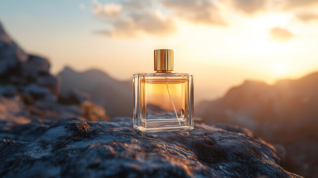 Luxury glass perfume on rocks at sunset 
