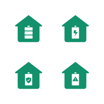 Set of modern smart home icons featuring houses with battery symbols representing energy storage, power supply, warning, safety, and security concepts. Clean flat design for apps and technology use.